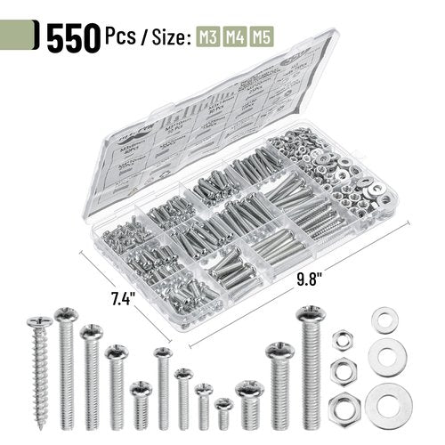 Mr. Pen- Nuts and Bolts Assortment Kit, 550 pcs, Carbon Steel M3 M4 M5 Phillips Pan Head Assorted Nuts and Bolts, Machine Screw Assortment Kit with Clear Storage Box