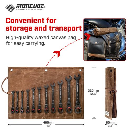 ironcube Ratcheting Combination Wrench Set: 11-Piece SAE 1/4 to 3/4 Inch - Flexible Head - CR-V Steel - Black Tough With Wax Canvas Tool Pouch for Motorcycle Repair