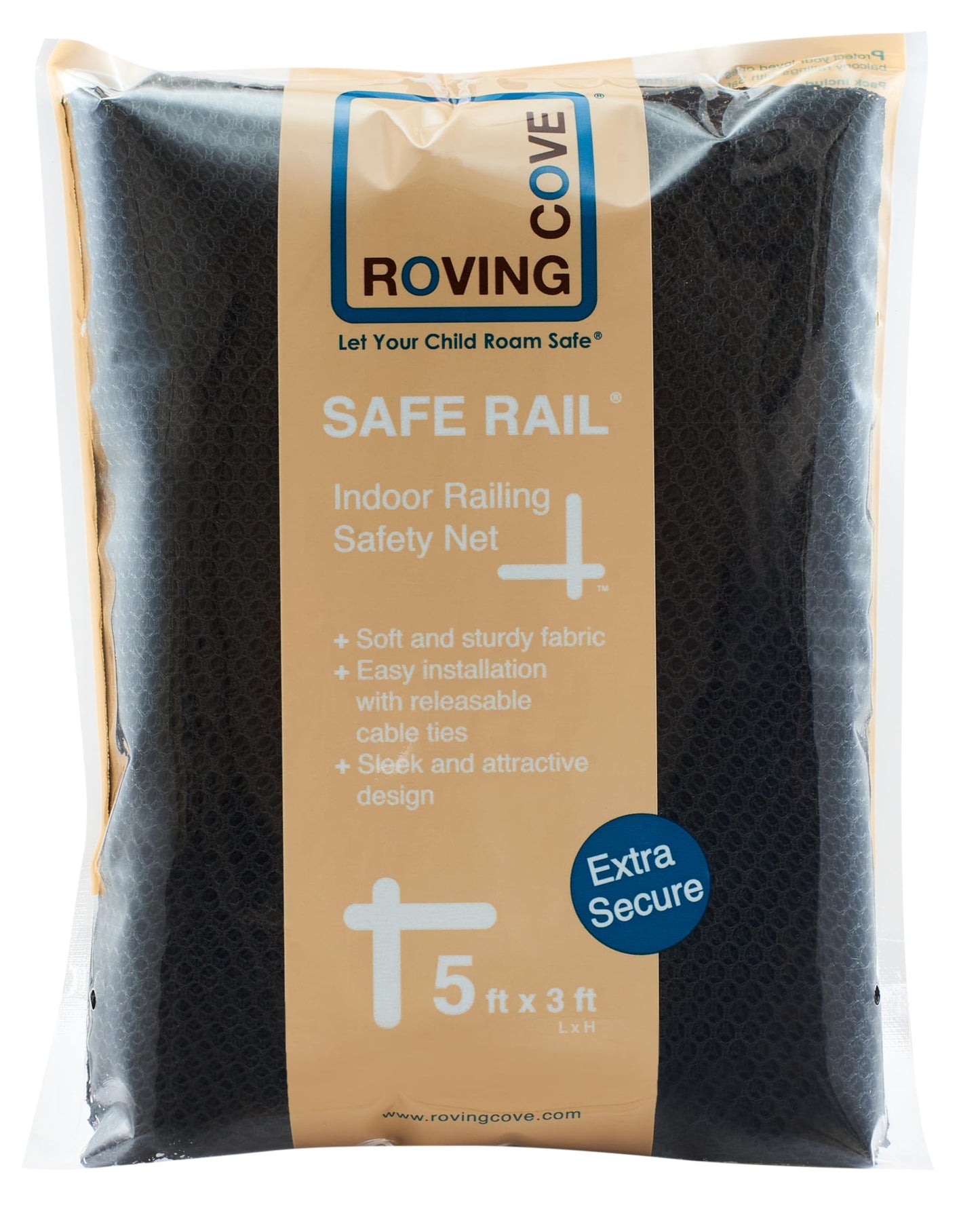 Roving Cove Stair Banister Guard 5ft x 3ft, Railing Safety Net for Baby Proofing, Child Safety Stairway Cover, Balcony Mesh Netting, Ebony Black