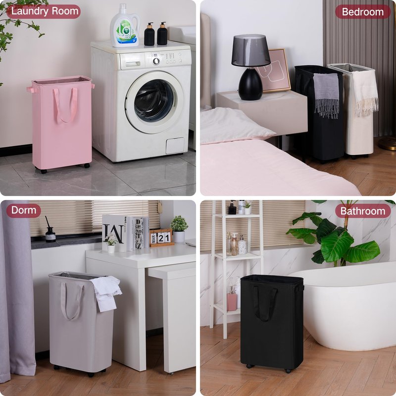 efluky Slim Laundry Hamper with Wheels, Rolling Laundry Basket for Clothes, Small Laundry Basket for Bedroom, Dorm and Laundry Room, 60L (12.7 Gallons) Beige