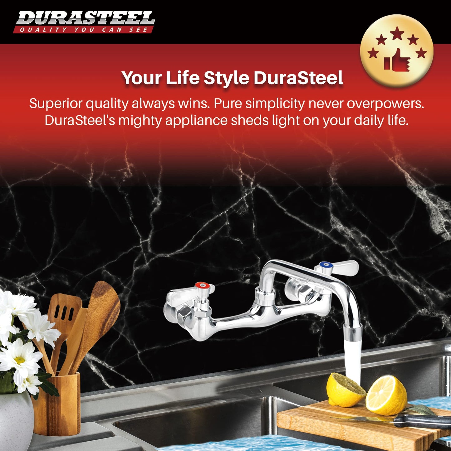 DuraSteel Commercial Kitchen Sink Faucet - No Lead 8" Center Wall Mount Utility Sink Faucet with 8'' Swivel Spout - NSF Certified - Dual Lever Handles - Brass Constructed & Chrome Polished