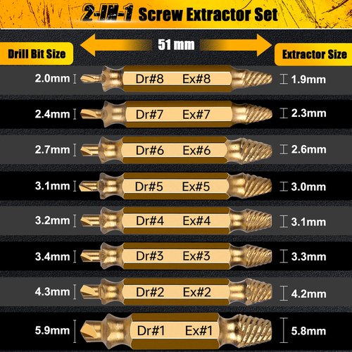 Topec Damaged Screw Extractor Set 8Pcs, HSS 4341 Easy Out Screw Extractor Set, Stripped Screw Extractor for Easy Removal of Stripped, Rusty, Broken Hardware (Gold)