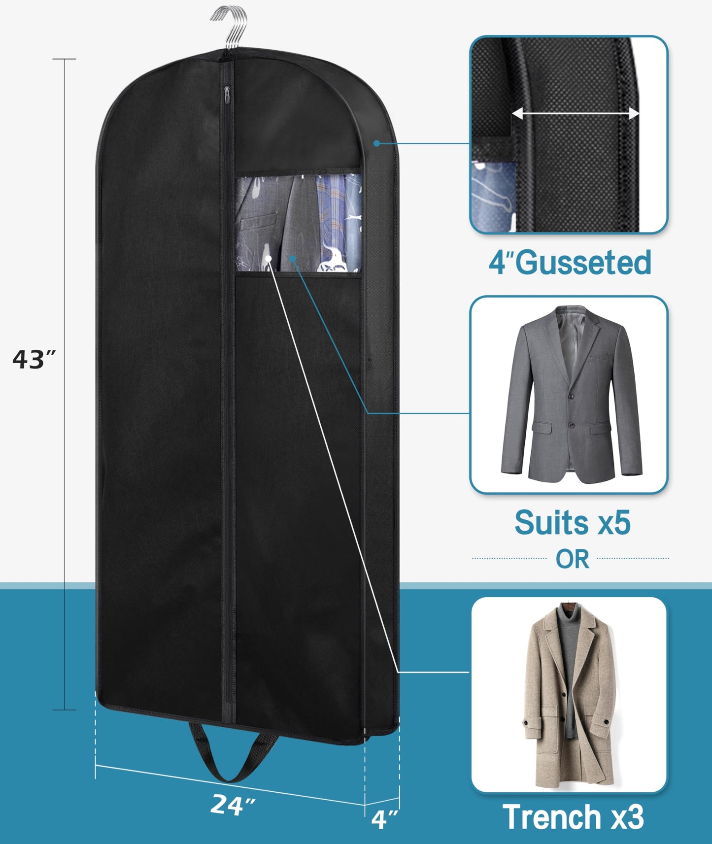 KIMBORA 43" Suit Bags for Closet Storage and Travel, Gusseted Hanging Garment Bags for Men Suit Cover With Handles for Clothes, Coats, Jackets, Shirts(3 Packs)