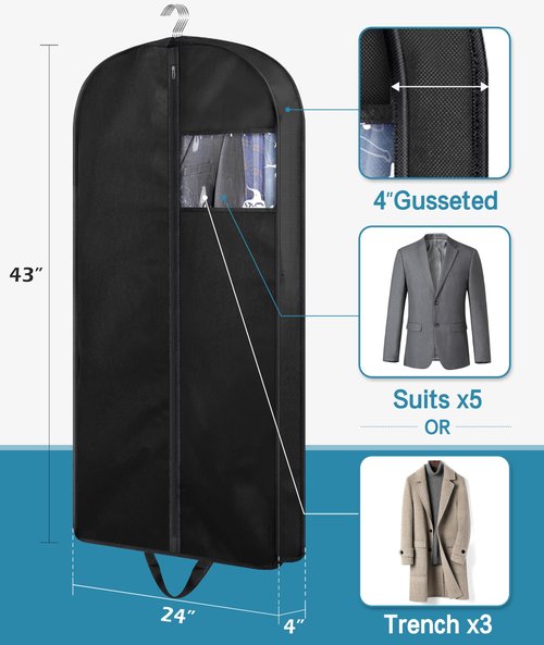 KIMBORA 43" Suit Bags for Closet Storage and Travel, Gusseted Hanging Garment Bags for Men Suit Cover With Handles for Clothes, Coats, Jackets, Shirts(3 Packs)