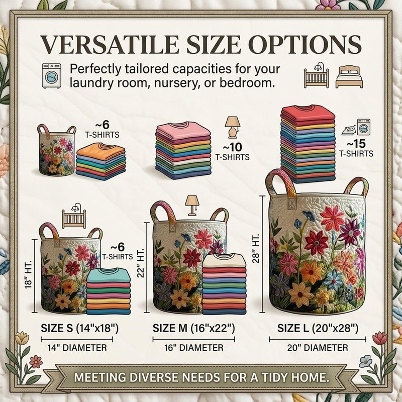 Quilted Laundry Baskets, Large Floral Boho Fabric Storage Hamper with Handles, Collapsible Soft Clothes Organizer Tote for Nursery House Styling, Portable Bedroom Washing Container