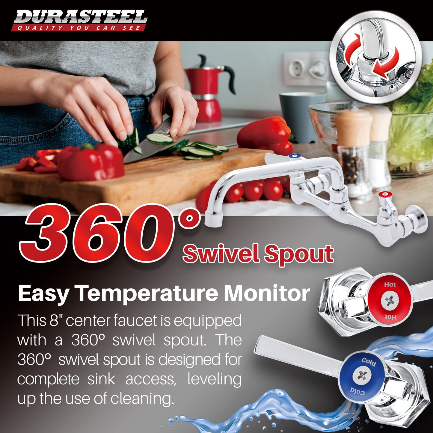 DuraSteel Commercial Kitchen Sink Faucet - No Lead 8" Center Wall Mount Utility Sink Faucet with 8'' Swivel Spout - NSF Certified - Dual Lever Handles - Brass Constructed & Chrome Polished