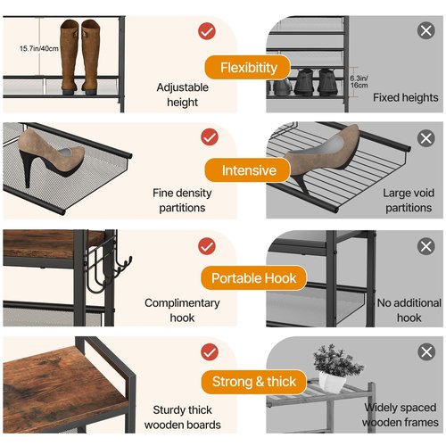 neatevday 4 Tier Shoe Rack, Shoe Rack for Front Door Entrance with Hook, Shoe Organizer with Adjustable Mesh Shelves, Metal Shoe Rack for Entryway, Closet, Bedroom Living Room Garage