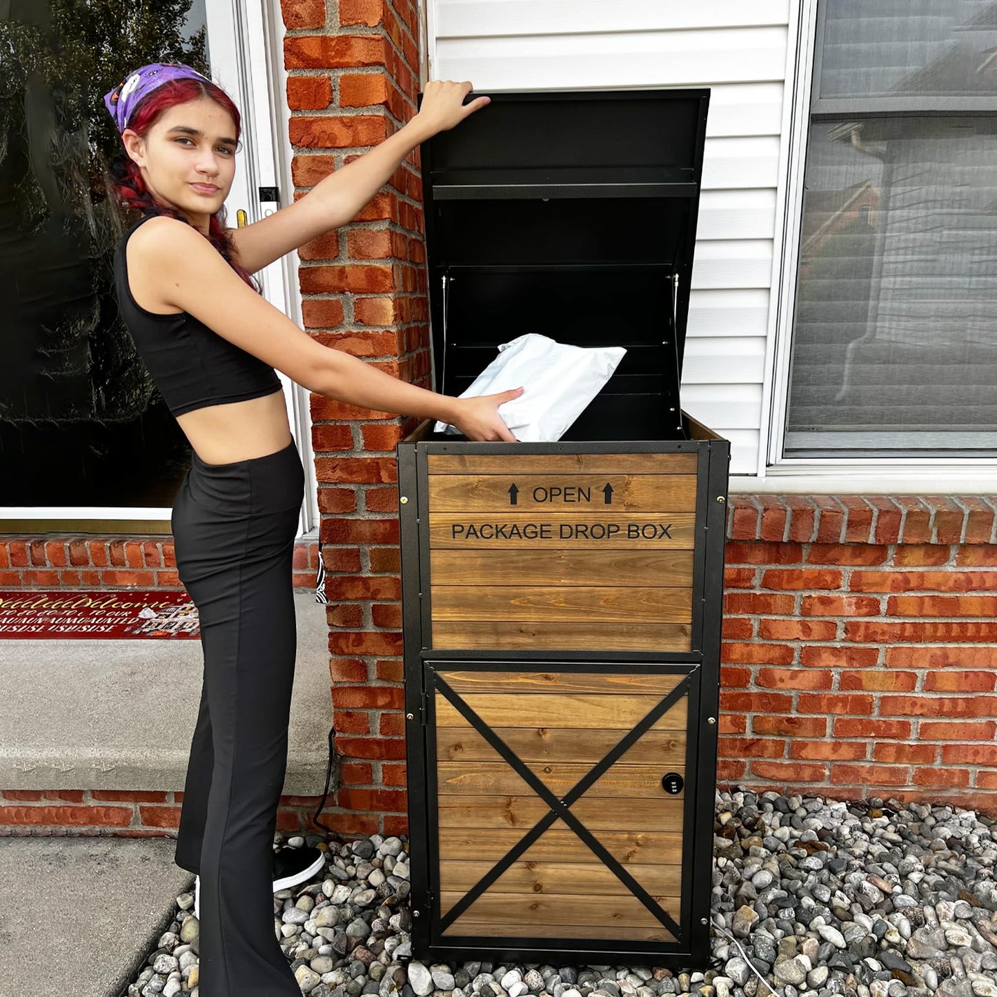 Package Delivery Box for Porch with Lockable Secure, Large Outdoor Parcel Storage Anti Theft -Waterproof Parcel Mailbox with Iron Frame & Natural Wood