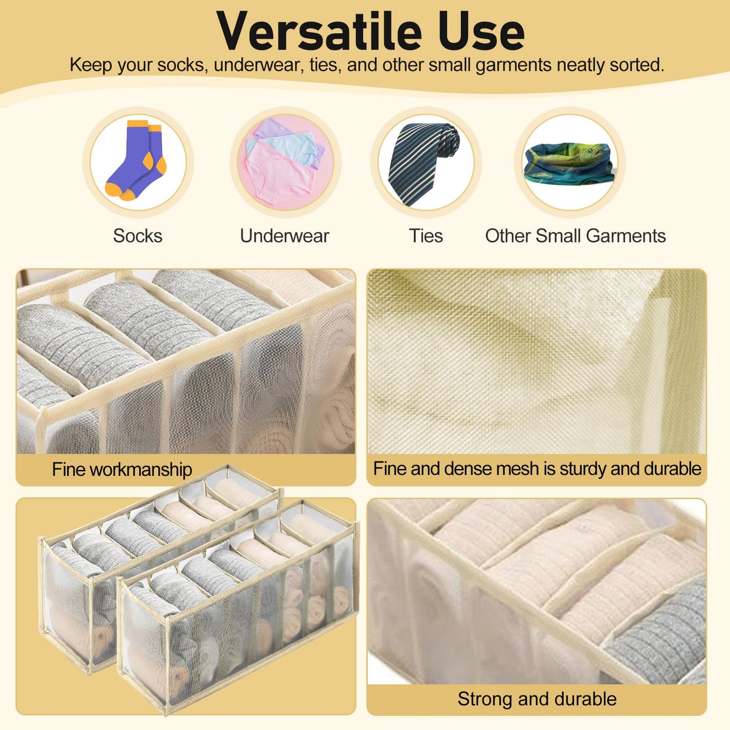7 Girds Underwear Drawer Organizer Underwear Storage Box Foldable Socks Bra Wardrobe Storage Box(Beige,2Pcs,7 Grids)