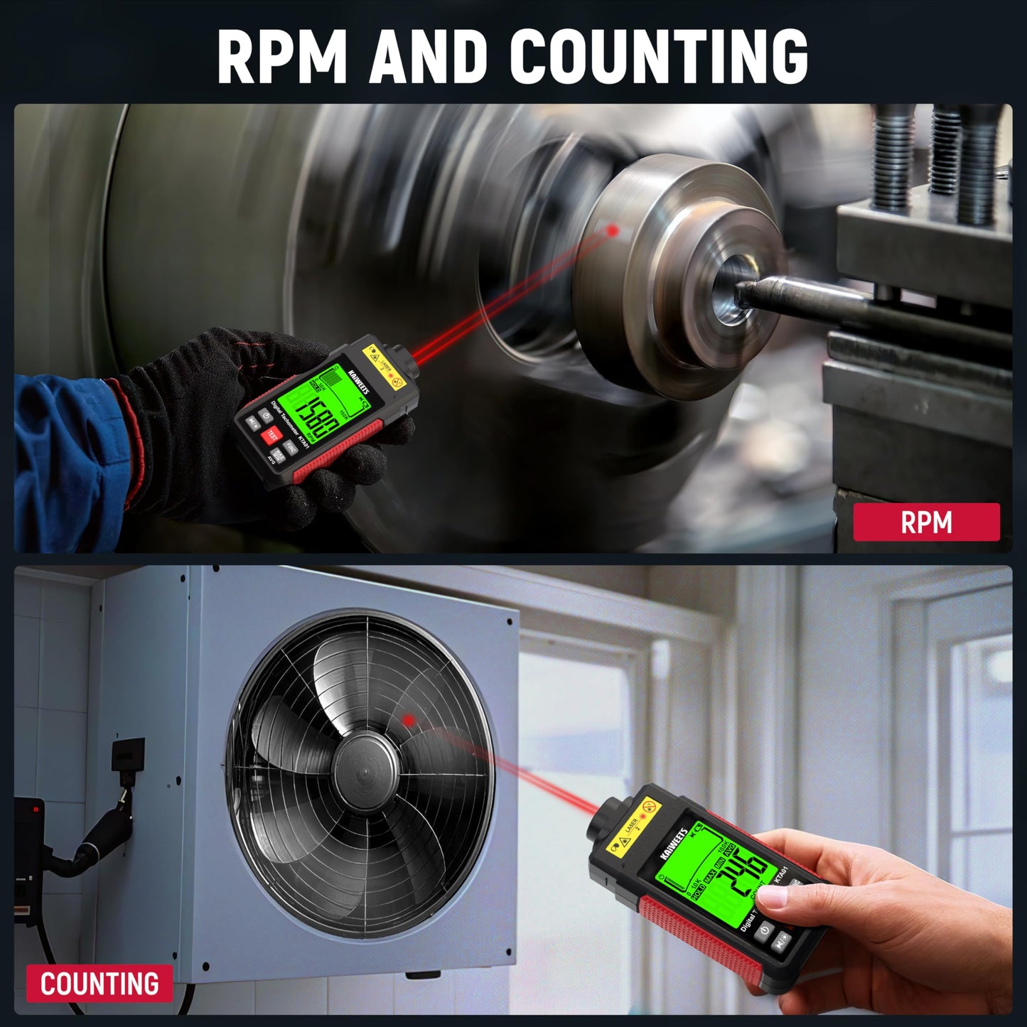 KAIWEETS Non Contact RPM Tachometer with Reflection Tape, 10-99999 RPM High Accuracy Laser Digital Tachometer with Large LCD, RPM Meter with Backlight, Data Hold, and Max/Min/AVG Function