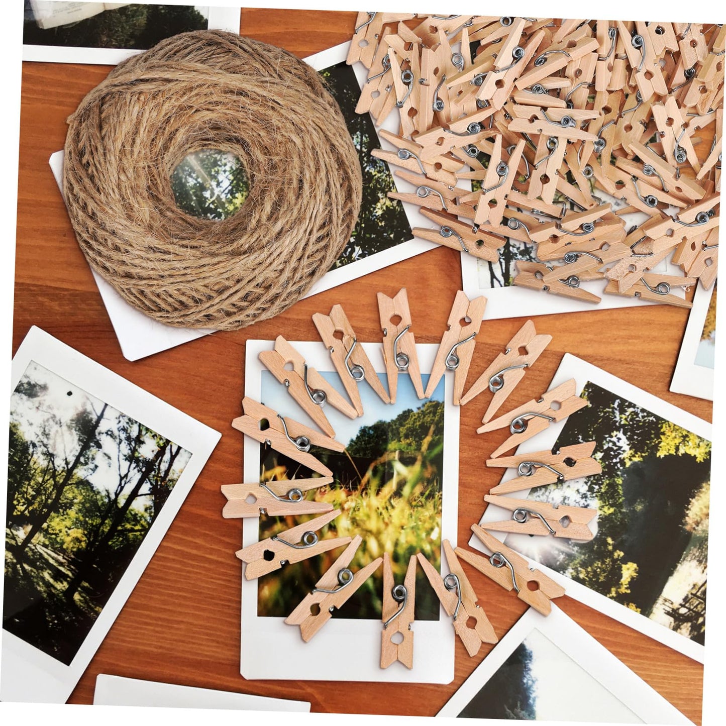 Garneck 1Roll Natural Jute Rope with Wooden Clips Hemp Twine for DIY Crafts Wrapping and Garden Decorations