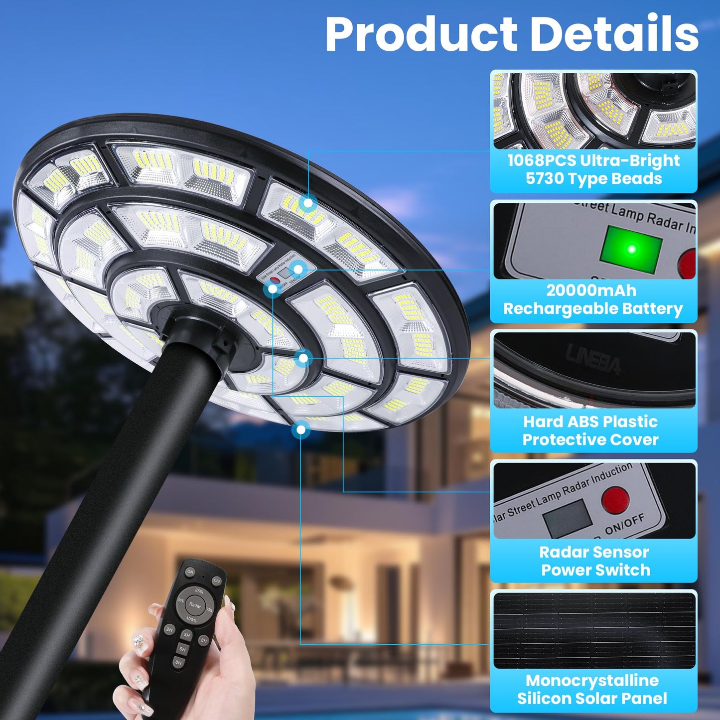 11000W Round Solar Street Lights Outdoor - Waterproof Commercial Solar Parking Lot Lights Dusk to Dawn & Motion Sensor, Solar Powered Post lamp with Remote for Outside Parking Lot Pool Yard-2 Pack