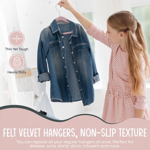 TechZoo 50 Premium Kids Velvet Hangers - 14" Non-Slip Clothes Hangers for Kids & Preteens - Ultra Slim, Space-Saving, Strong & Durable Hangers with 360° Swivel Hook - Pink