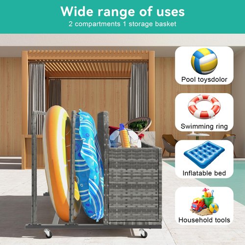 ZealWe Pool Float Storage Box Outdoor Rolling Poolside Storage Basket Organizer for Patio PE Rattan Pool Caddy with Wheels for Cushions, Floaties, Noodles, Life Vests, Beach Balls, Toys