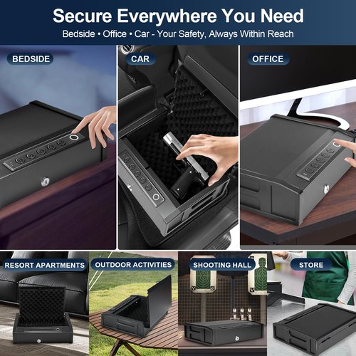 Biometric Gun Safe for Handguns - Quick Access Fingerprint Safe with Backlit Keypad, Interior Light, Secure Pistol Lock Box for Nightstand & Car
