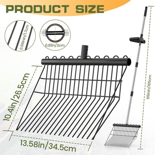 Manure Fork, Metal Horse Manure Rake with 2 Dura Fork Replacement Heads and 1 Steel Handle, Rust-Proof Heavy Duty Hay Rake Pitch Fork for Horse Stall Poop