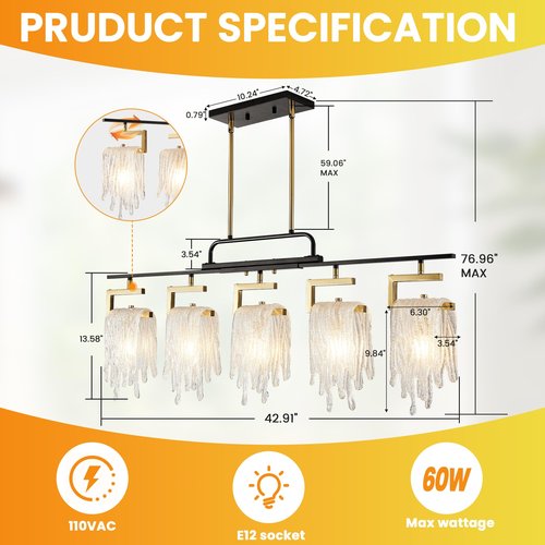Dining Room Light Fixture/Chandelier Over Table, Modern 5-Light Black and Gold Pendant Lights Kitchen Island, Farmhouse Ceiling Pendant Light Fixtures, Hanging Linear Chandeliers, with Glass Shade