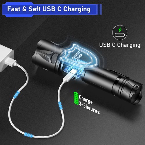 JAY-PARK High Lumen Flashlight - 10000 Lumens, Rechargeable 5000mAh with LCD Display, Zoomable Long Beam (3000m), IP67 Waterproof, 5 Modes & Belt Clip - for Camping, Dog Walking