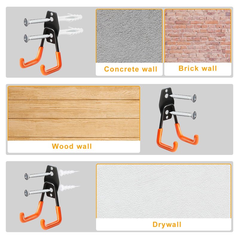 KURUI Heavy Duty Wall Hook for Hanging, 2 Pack Garage Tool Organizer Wall Mount, Metal Garage Storage Hooks for Ladder,Extension,Garden Tool, Small Utility Hook, Hose Holder for Outdoor and Indoors