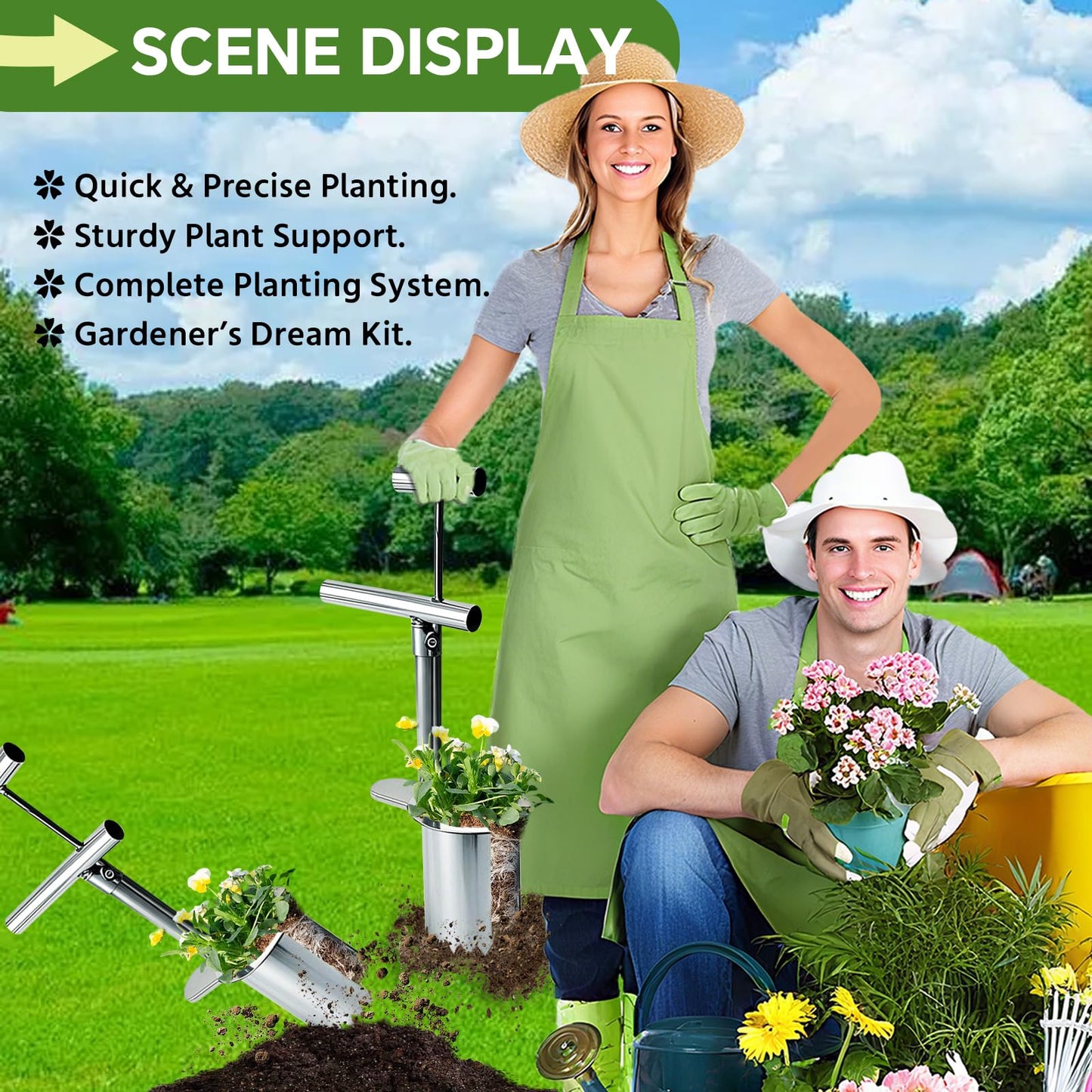 Bulb Planter Tool,new Stainless Steel plant seedling transplanter,Equipped with a foot pedal garden transplanter tool. Including plant support rods and twist ties,use for flowers fruit tree seedlings