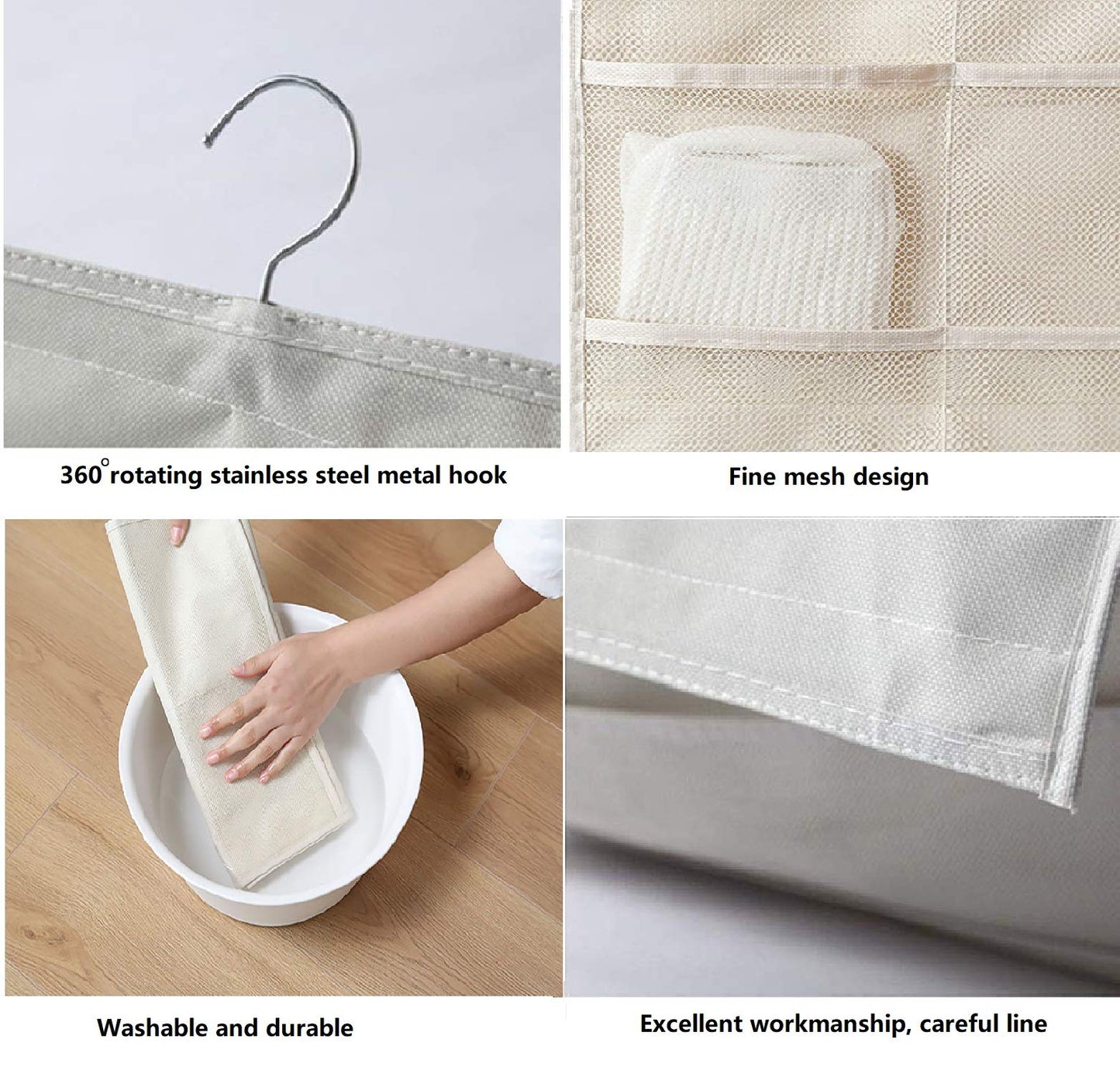 Newraturner Closet Hanging Organizer with Mesh Pockets & Rotating Metal Hanger,Dual Sided Wall Shelf Wardrobe Storage Bags,Oxford Cloth Space Saver Bag for Bra Underwear Underpants Socks (white)