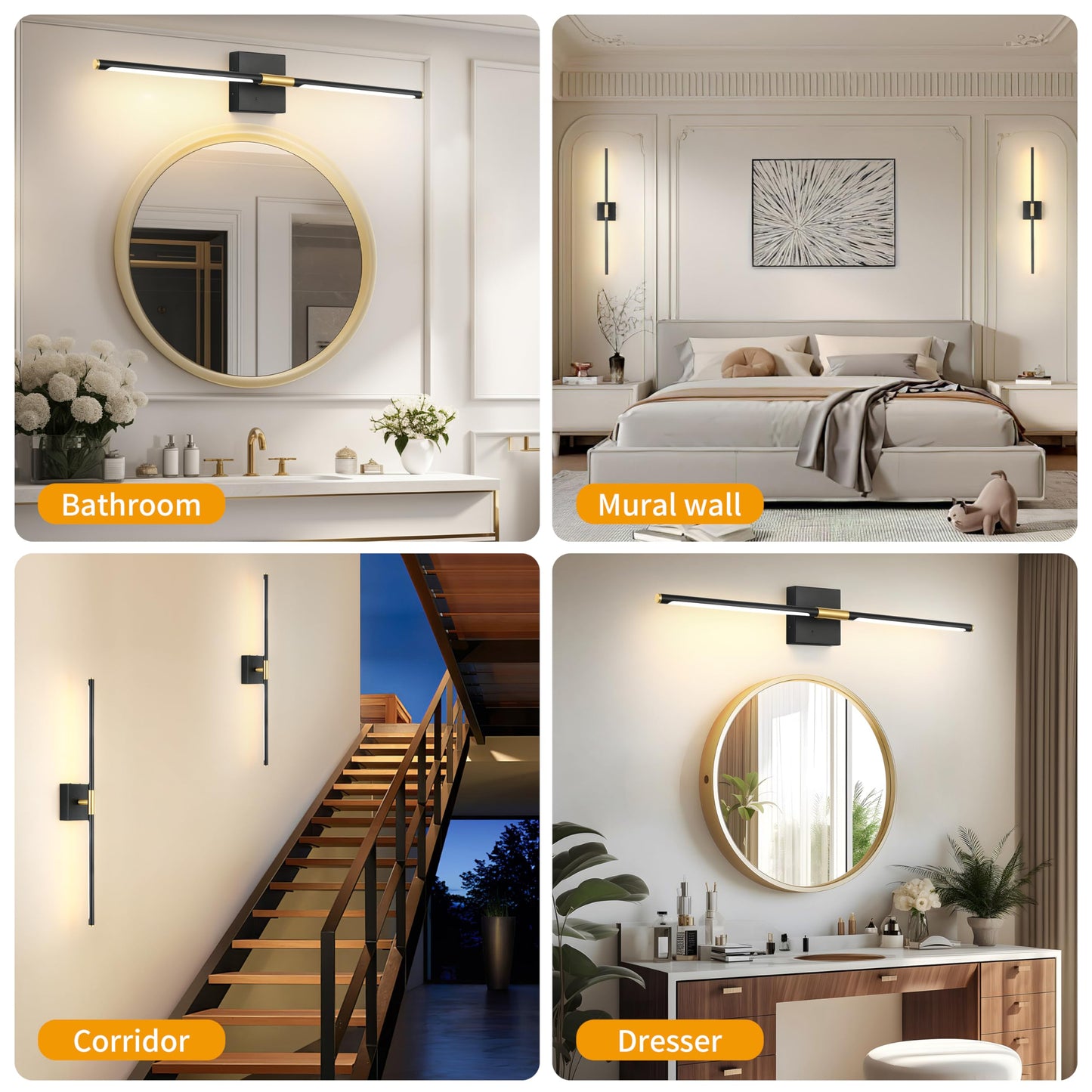 Morauroral Battery Operated Wall Sconces Set of 2, Dimmable Battery Wall Sconce with Remote Control, Black Gold LED Rechargeable Sconces, 24 Inch Modern Wireless Wall Lights for Bedroom, Living Room