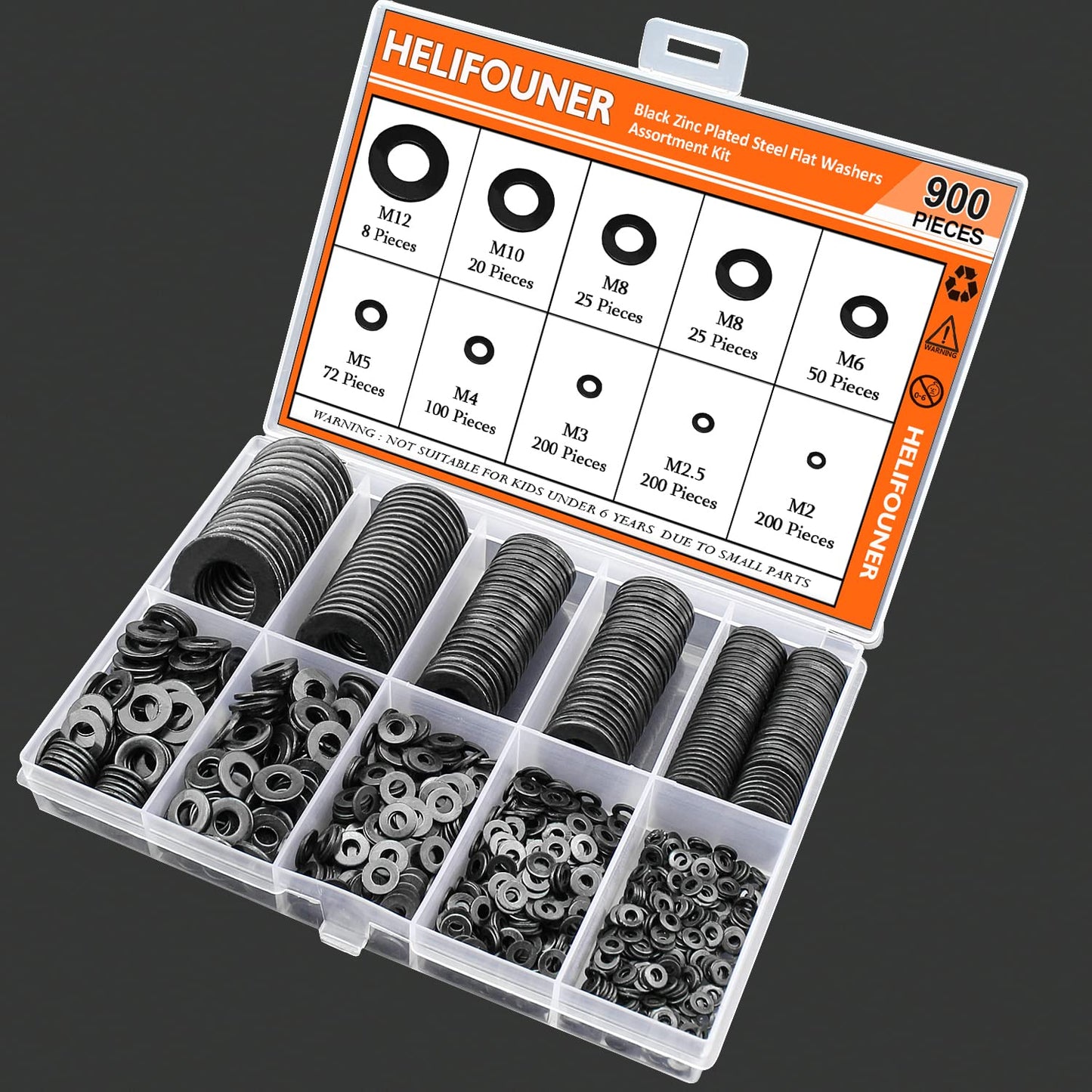 900 Pieces Black Zinc, HELIFOUNER Flat Washers Assorted Kit, Flat Washers, Metric Washers, Lock Metal Washers (M2 M2.5 M3 M4 M5 M6 M8 M10 M12)