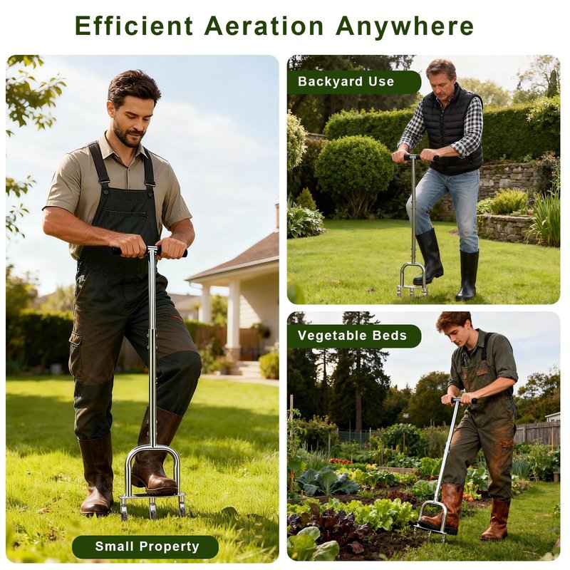UeKeKicg Manual Core Lawn Aerator, Metal Aerator Lawn Tool with 3 Replaceable Hollow Tine - Semi-Assembled Yard Aeration Tool for Lawn Care, Lawn Aeration, Garden Tool, Revives Lawn Health