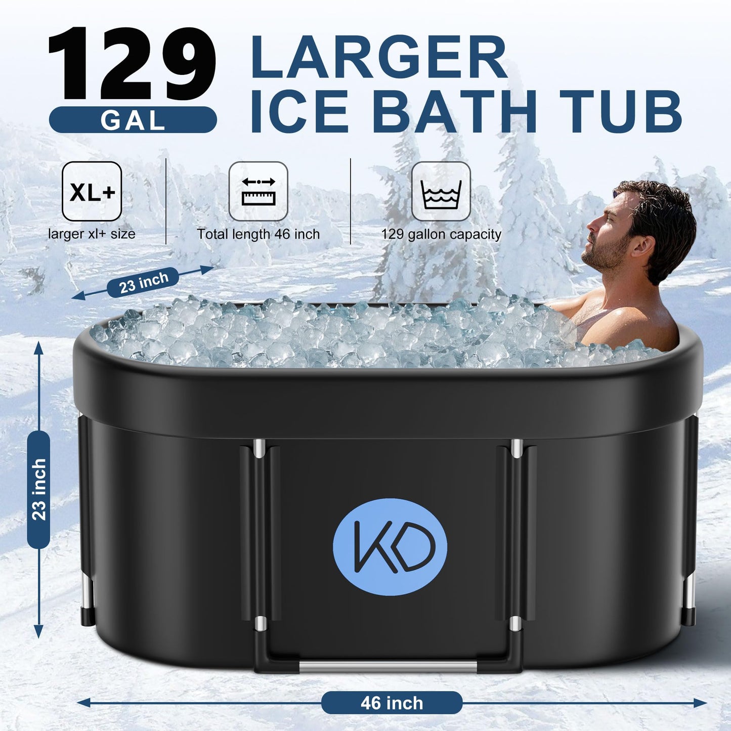 KERDOM Ice Bath Tub for Athletes, Portable Cold Plunge Tub, XL 129 Gal Bathtub for Recovery, Large Oval Foldable Bathtub with Cover for Cold Water Therapy at Home, Gyms, Outdoor, Indoor