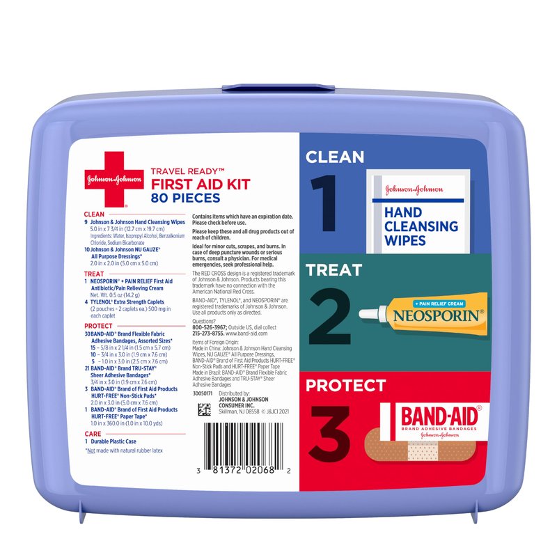 BAND-AID Brand Travel Ready Portable Emergency First Aid Kit, Minor Wound Care, Perfect for Home, Car, Camping, Travel & Outdoor Essentials, Supplies Include Bandages, Neosporin & Tylenol, 80 Piece