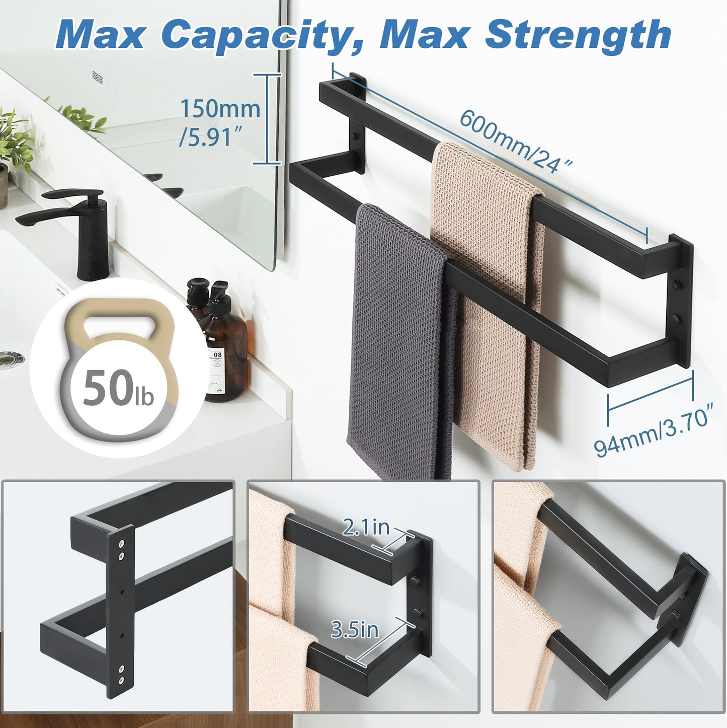 Alise Double Towel Bar 24", SUS304 Stainless Steel Towel Racks for Bathroom Wall Mounted, Heavy Duty Bathroom Towel Holder, Space Saving Towel Hanger, Matte Black