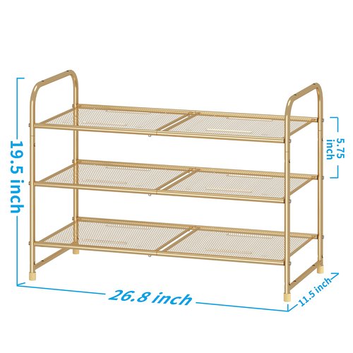 Simple Trending 3-Tier Stackable Shoe Rack, Expandable & Adjustable Shoe Shelf Storage Organizer, Metal Mesh, Gold