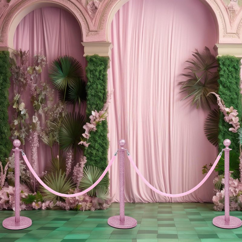 Ferraycle 4 Pcs Stainless Steel Stanchions Post Queue 38 Inch, 5 ft Velvet Carpet Ropes and Pole, Control Barriers for Wedding Birthday Party Decoration Sand Injection Hollow Base Set (Glitter Pink)