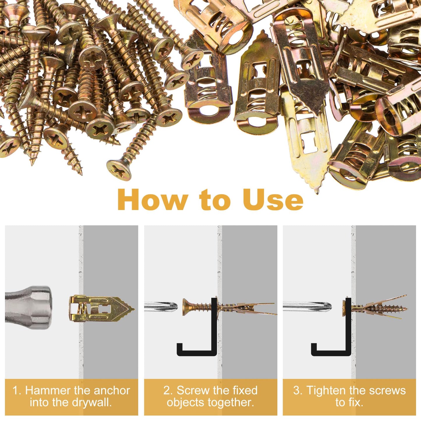 PAGOW 60 Pcs Self-Drilling Anchors, Ancors and Screws for Heavy Duty, Metal Screw Anchors Kit, No Drill and Holes in Wall (3 Sizes)