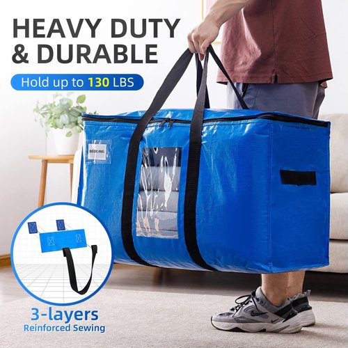 TAILI Extra Large Moving Bags, 4 Pack Blue Heavy Duty Totes For Storage with Visible Window, Wrap Around Handles, Storage Bags for Space Saving, Alternative to Moving Boxes