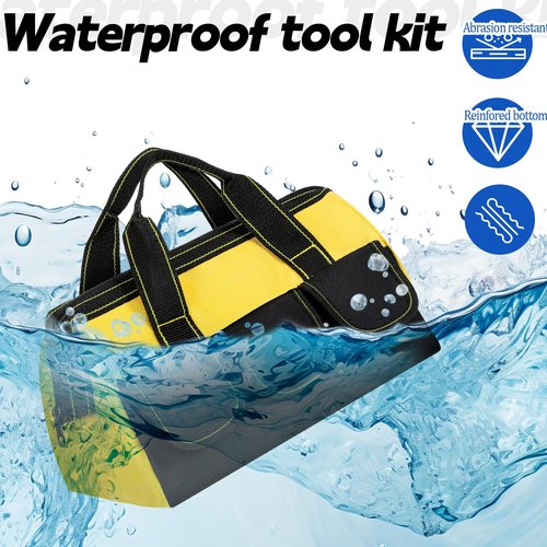 JJUNW 3 Pack Tool Bags for Men, Wide Mouth Tool Tote Bag with Waterproof Base, Heavy Duty Tools Storage Bag for Electrician Carpenter Mechanic (13 Inch,Blue, Red, Yellow)