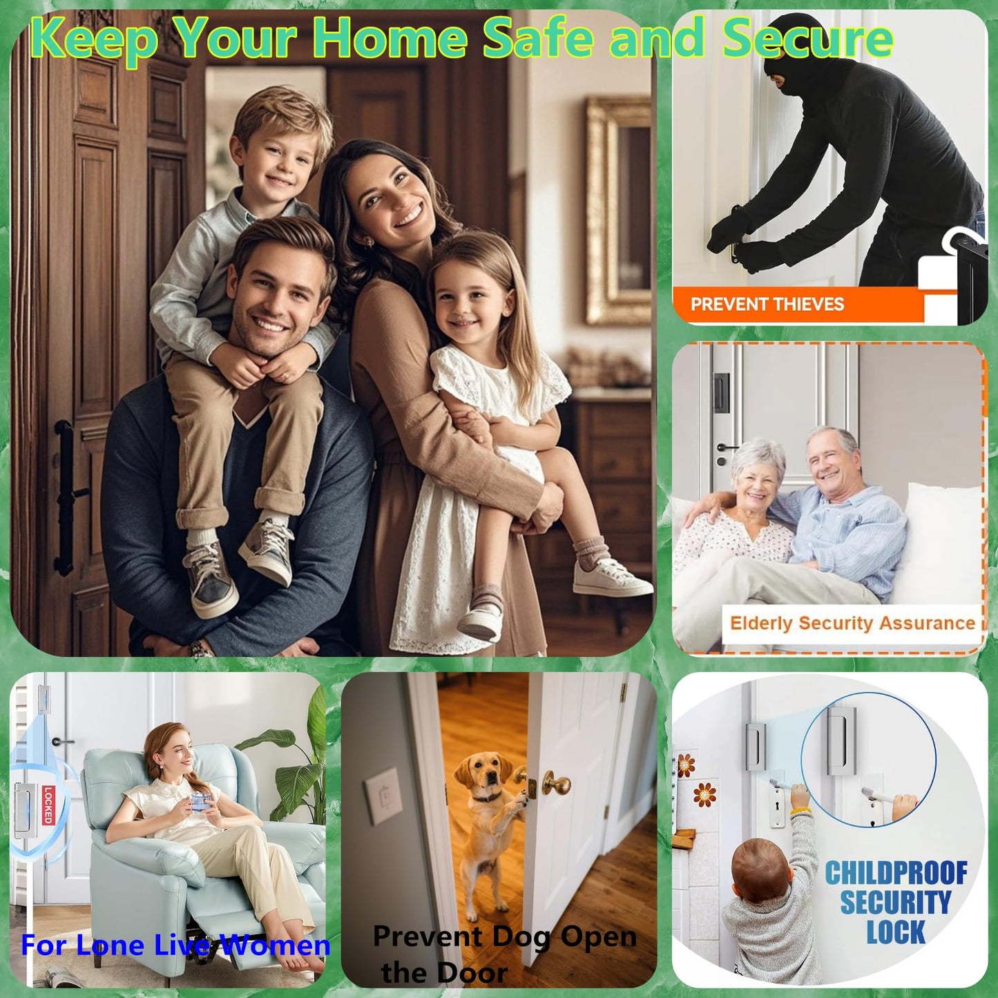 Home Security Door Locks for Kids Safety 2 Pack Extra Childproof Door Reinforcement Lock Latch Device from Inside for Inward Swinging Front Back Patio Courtyard Bedroom Interior Doors (Sliver+Black)