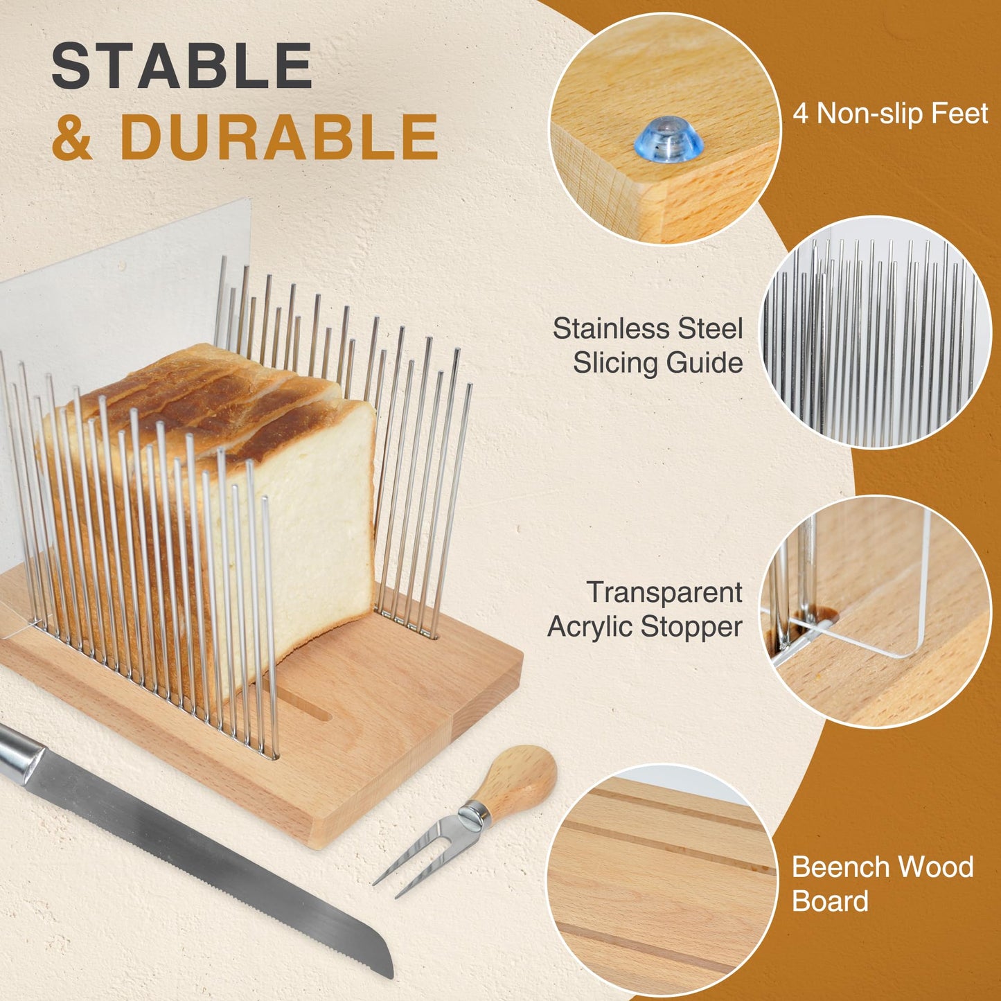 Bread Slicer for Homemade Bread - Bamboo Bread Slicer with Bread Knife, Foldable Cutting Guide, Crumb Tray, Bagels - Bread Cutter Ideal for Loaf Size: 5.5” x 5”