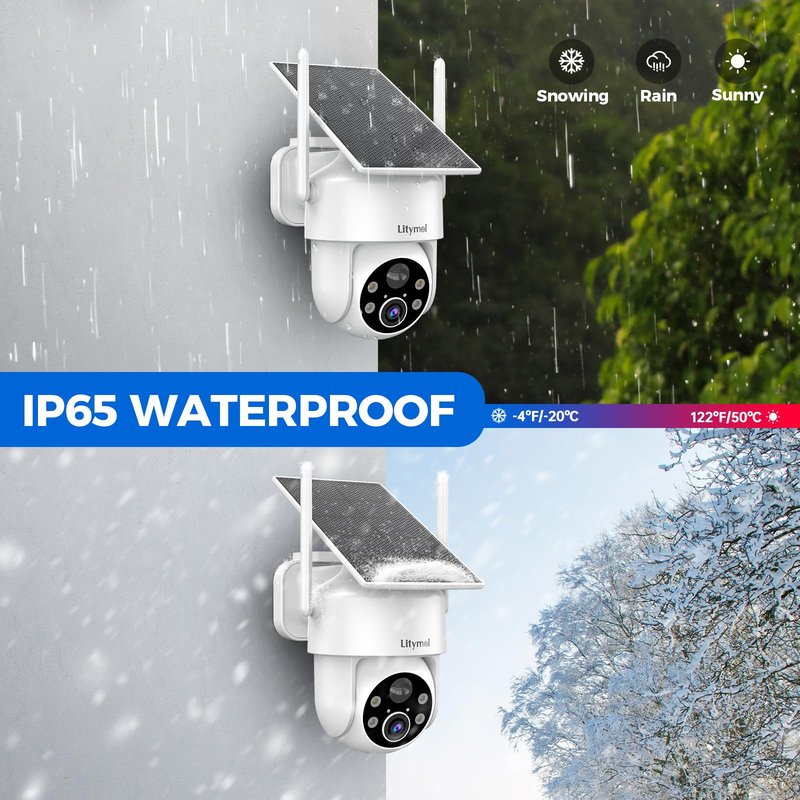 LITYMOL 2K 360° View Security Cameras Wireless Outdoor, Solar Cameras for Home Security, Color/IR Illumination Night Vision, AI Detection, 2-Way Audio, Siren Alarm, SD/Cloud Storage, 2.4g WiFi