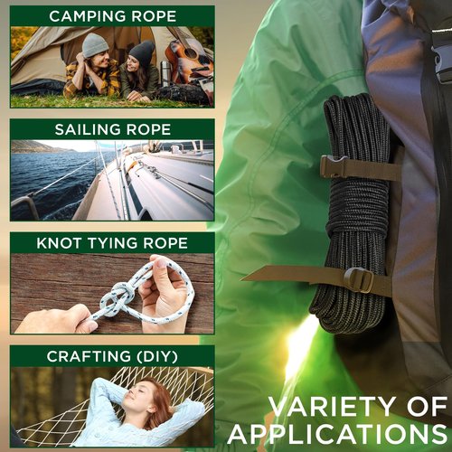 TECEUM 1000lb Rope – 1/4” & 3/8” – 90 FT | 150 FT – Strong All-Purpose Utility Rope – Camping, Crafting, Flag Pole, Indoor & Outdoor – Polypropylene Nylon Poly Lightweight Diamond Braided Cord – Black