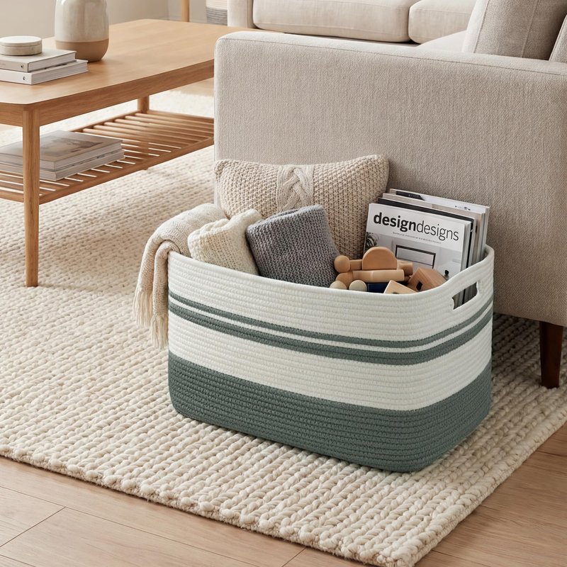 HOBASKET 75L Large Blanket Basket, 22"x17"x12"Rectangle Cotton Rope Woven Storage Basket with Handles, Laundry Hamper for Living Room, Nursery, Bedroom - Chemical-Free, Kid & Pet Safe - Sage Green