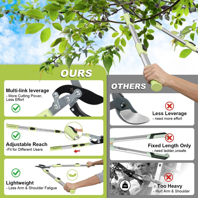 Heavy Duty Hand Loppers Pruning Shears for Gardening,25"-44" Extendable Branch Cutter for Tree Limb Trimming, Lightweight Anvil Lopping Shears for up to 2” Thick Branches Cutters (Green)