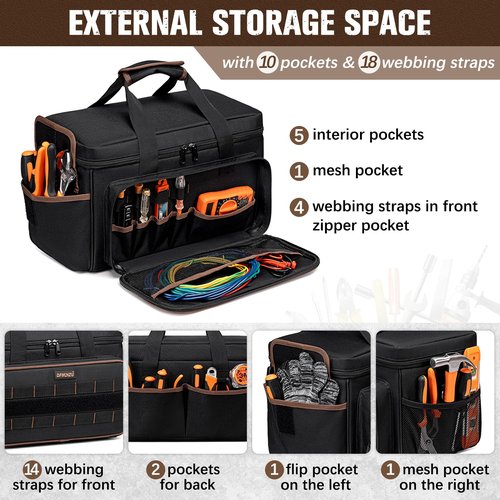 17 Inch Heavy Duty Tool Bags for Men Women, 20 Pockets Portable Tool Bag with Adjustable Shoulder Strap, Wide Mouth Tool Bag Organizer for Electricians Mechanics Carpenters HVAC