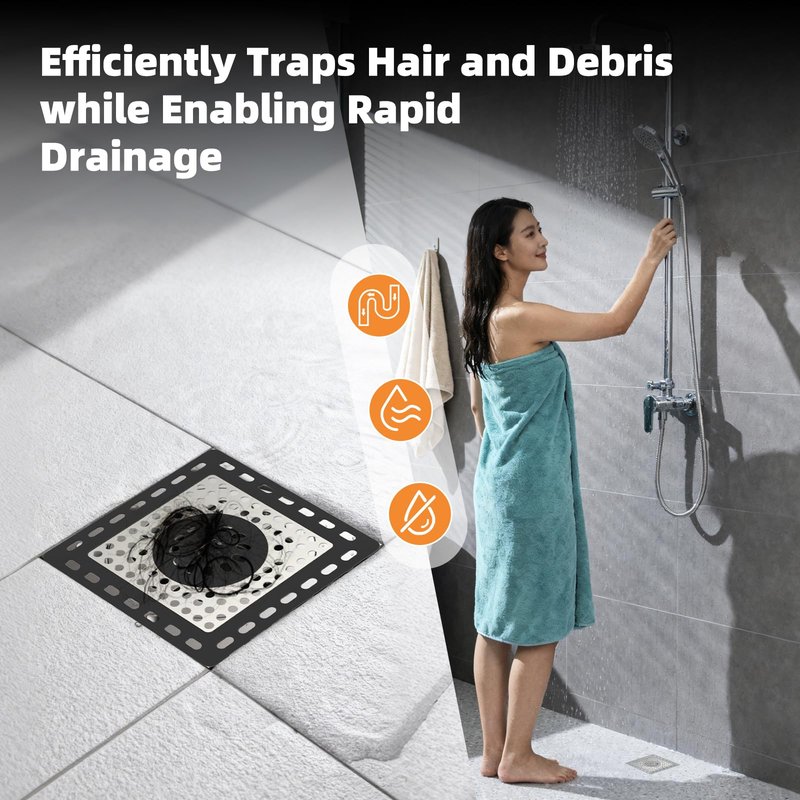 Hibbent Upgraded Shower Drain Hair Catcher, Shower Drain Cover for Bathroom Floor 4" Drain, Anti-Clogging Bathtub Drain Strainer, Stainless Steel Kitchen Sink Drain Strainer with Handle, Black