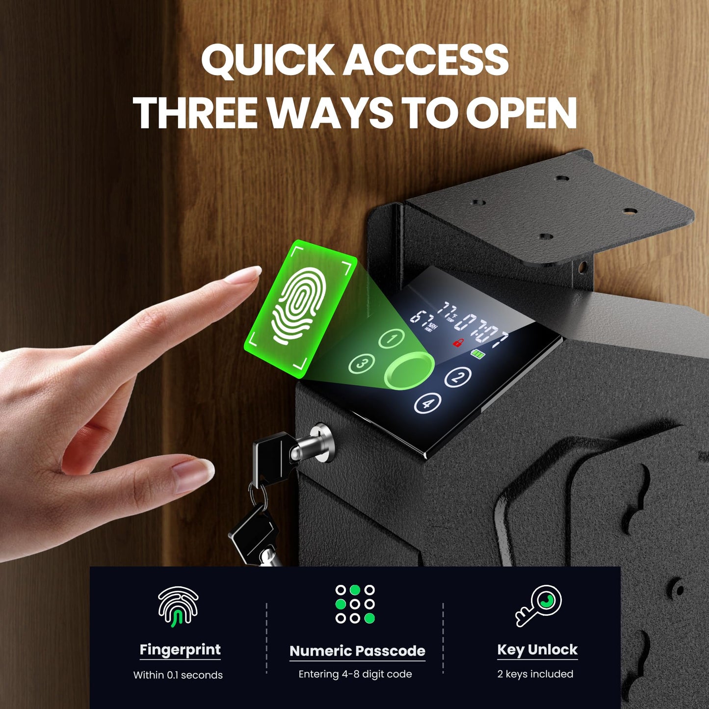 KornerBatl Quick Access Biometric Bedside Gun Safe for handgun, 2 in 1 Mounted Drop Down Nightstand Pistol Safe with Fingerprint & Passcode & Key 3 Ways