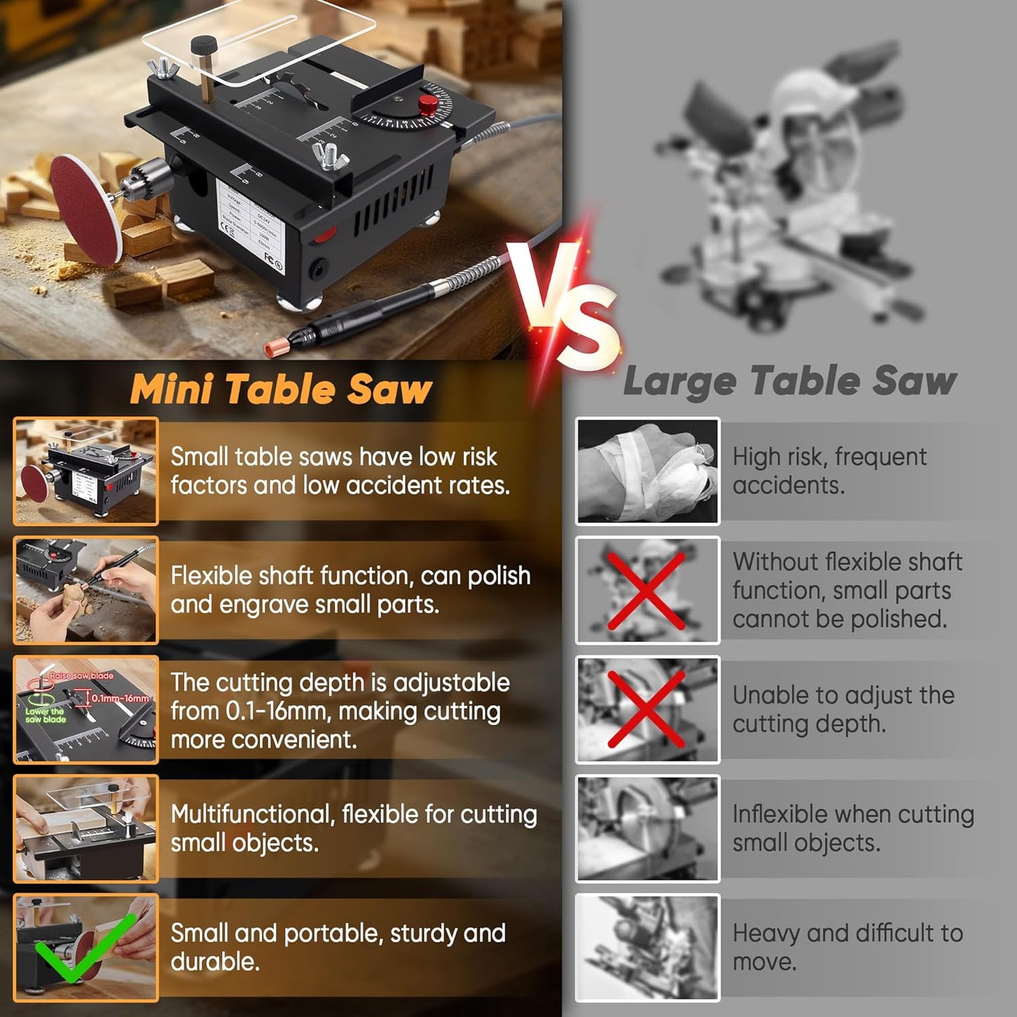 Mini Table Saw, Mini Multi-Functional Table Saw for Crafts, Speed & Angle Adjustable, Cutting | Sanding | Engraving | Drilling All-in-One Machine, for Wood/PCB/Acrylic/Plastic (Liftable & Dark Gray)