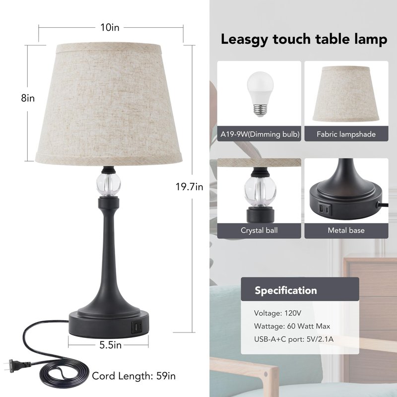 Leasgy Touch Table Lamp Set of 2 with USB C+A Ports-Black 19.7''