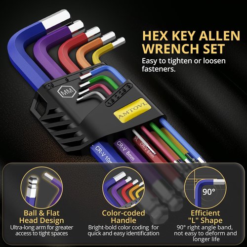 AMTOVL Hex Key Set, 9PCS Metric Allen Key Set, 1.5-10MM, Anti-Slip Long Ball End Hex Wrench Set, Color Coding Hex Key Set for Disassembling Mechanical Equipment, Vehicle, and Bicycle Repairs