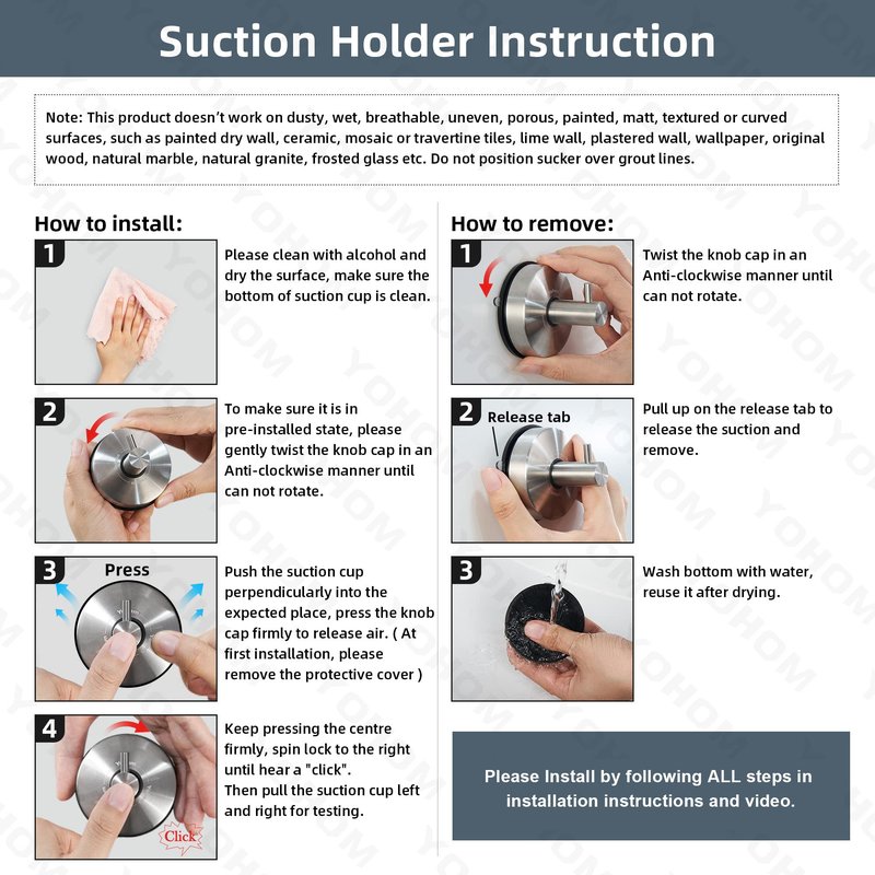YOHOM Suction Cup Hooks Shower Towel Holder Stainless Steel Vacuum Bathroom Shower Hook Suction Towel Rack Kitchen Organizer for Bathrobe Loofah Matte Black 2Pcs
