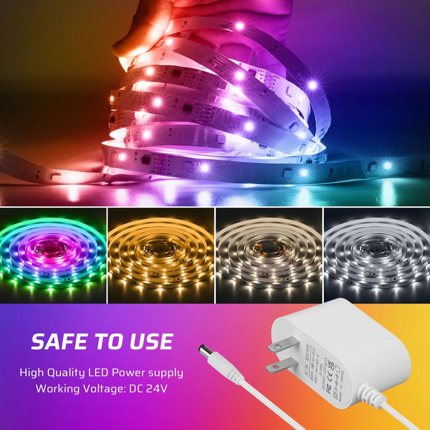 RGBWW+IC LED Strip Lights 50Ft, Dimmable Multi-Colored+3000K-6500K LED Lights with Remote and APP, Flexible Self-adhesive Color Changing LED Tape Lights, 24V Cuttable DIY Strip Lighting for Home Stair